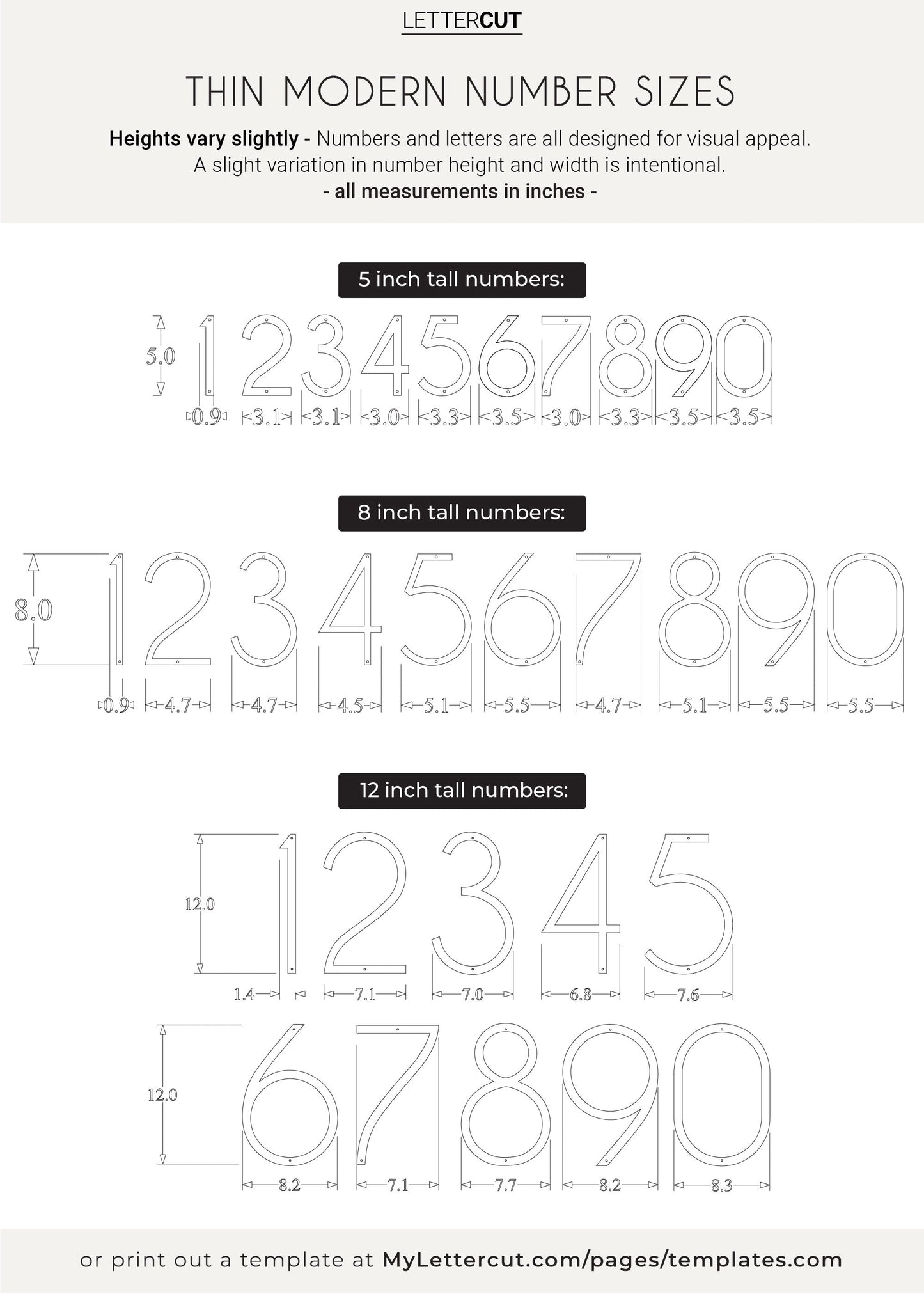 THIN MODERN house numbers sizes and measurements