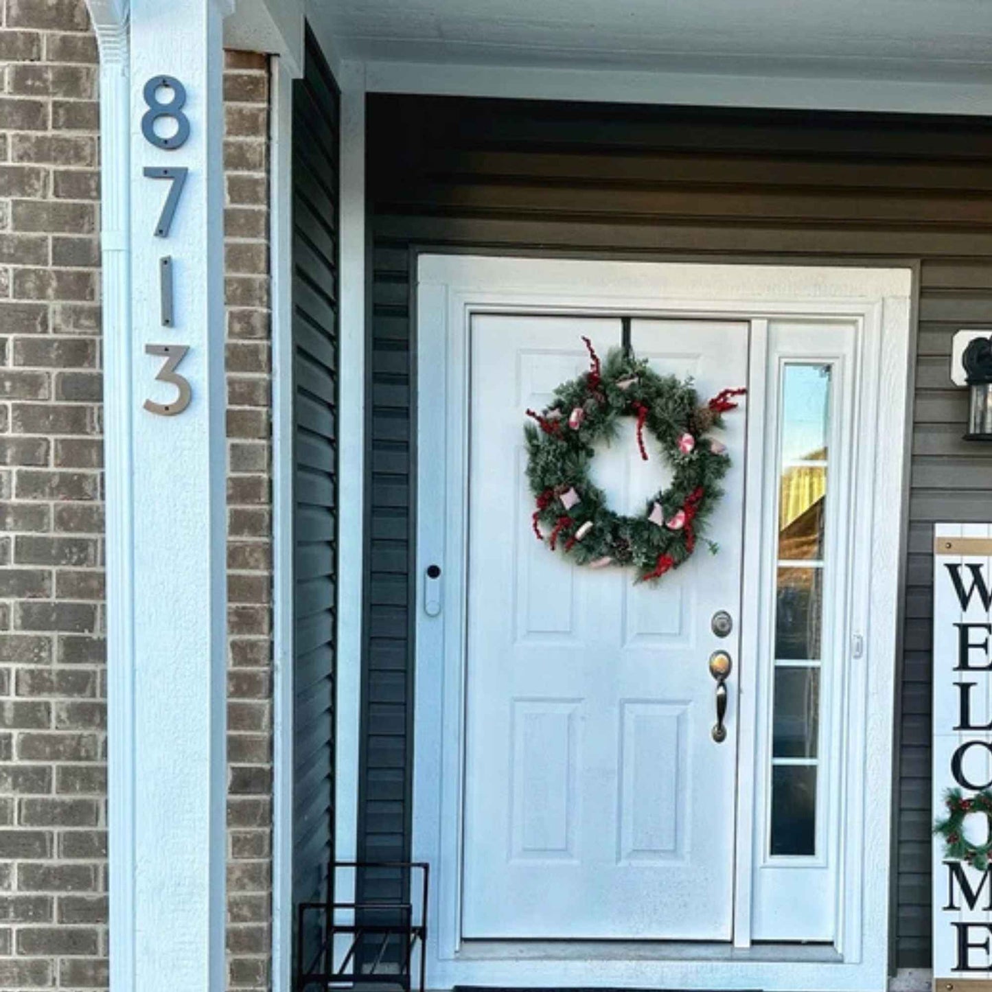 4 inch CLASSIC MODERN house numbers on white post shown