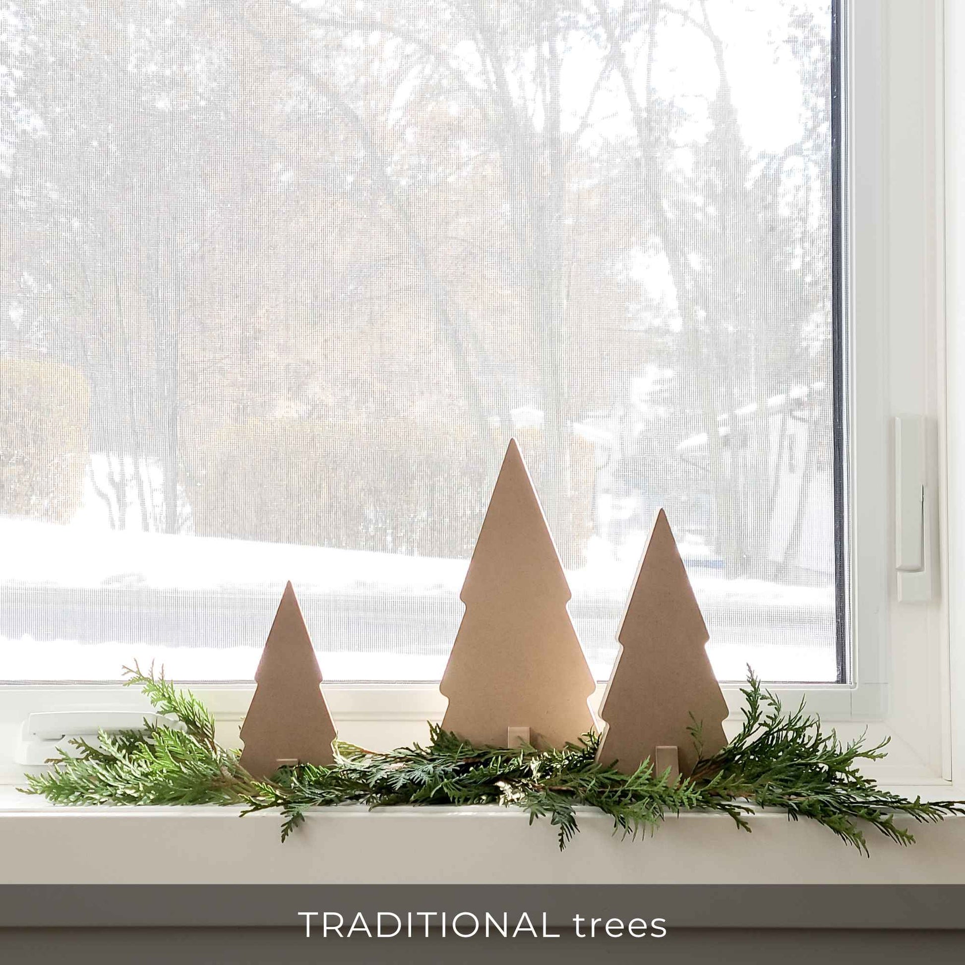 Wooden tree decor on window ledge for simple Christmas decor