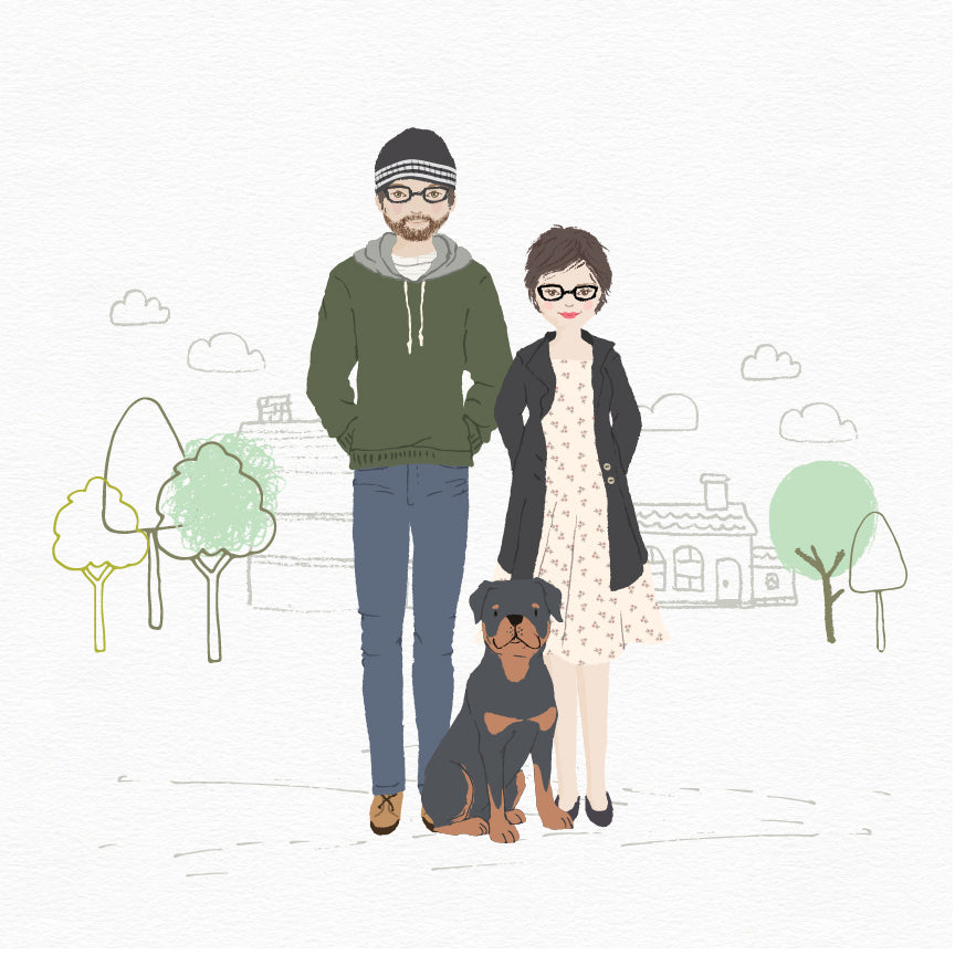 Artist rendering of Brian and Jane Reimer, owners of LETTERCUT with their dog Fabio. Sketched house and shop in the background.