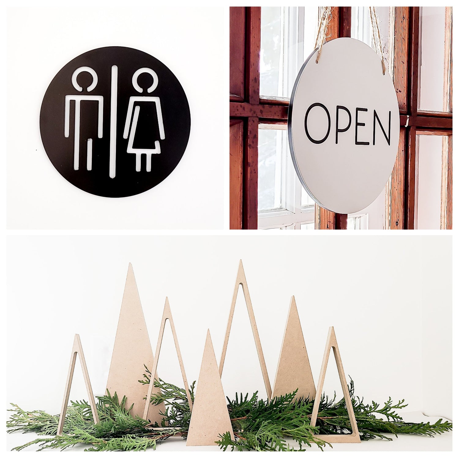 Signs and decor for office business and retail as well as wooden decor trees for nursery and simple Christmas decorations
