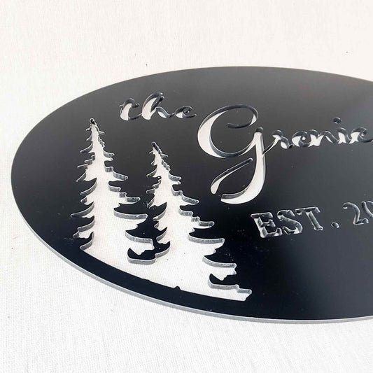 Personalized Last Name Oval Sign with evergreen trees and deer •  Farm, Cabin, Lake House Address Plaque