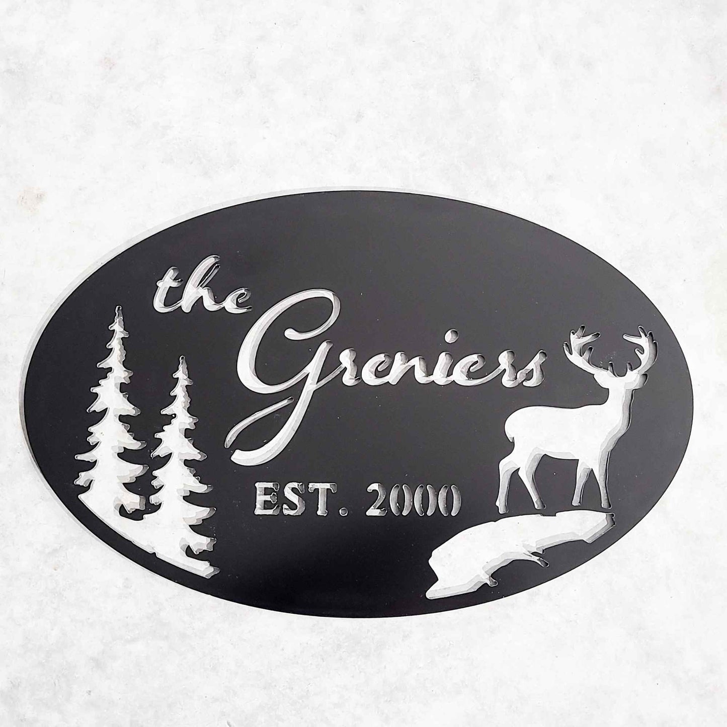 Personalized Last Name Oval Sign with evergreen trees and deer •  Farm, Cabin, Lake House Address Plaque