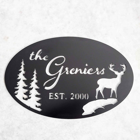 Personalized Last Name Oval Sign with evergreen trees and deer •  Farm, Cabin, Lake House Address Plaque