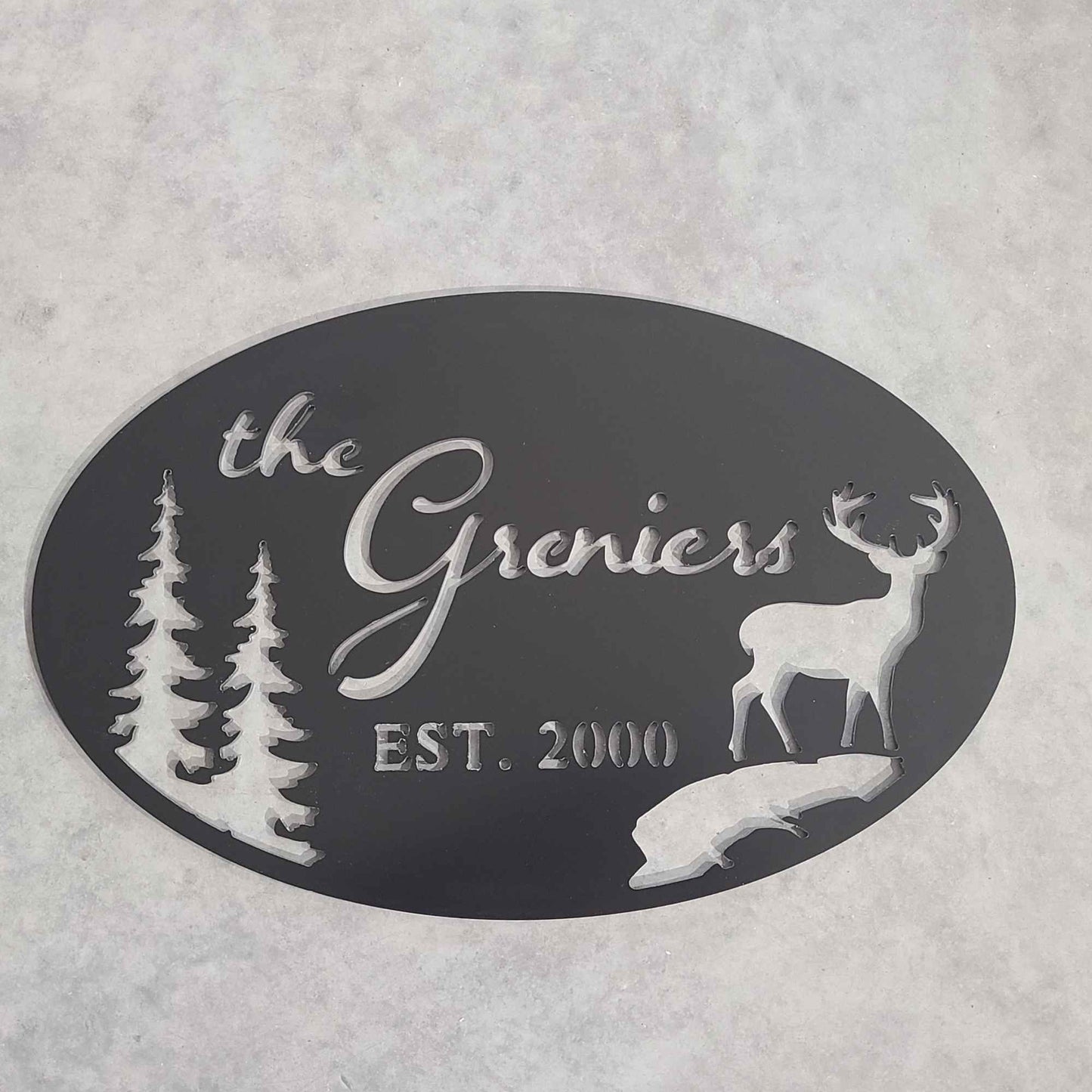 Personalized Last Name Oval Sign with evergreen trees and deer •  Farm, Cabin, Lake House Address Plaque