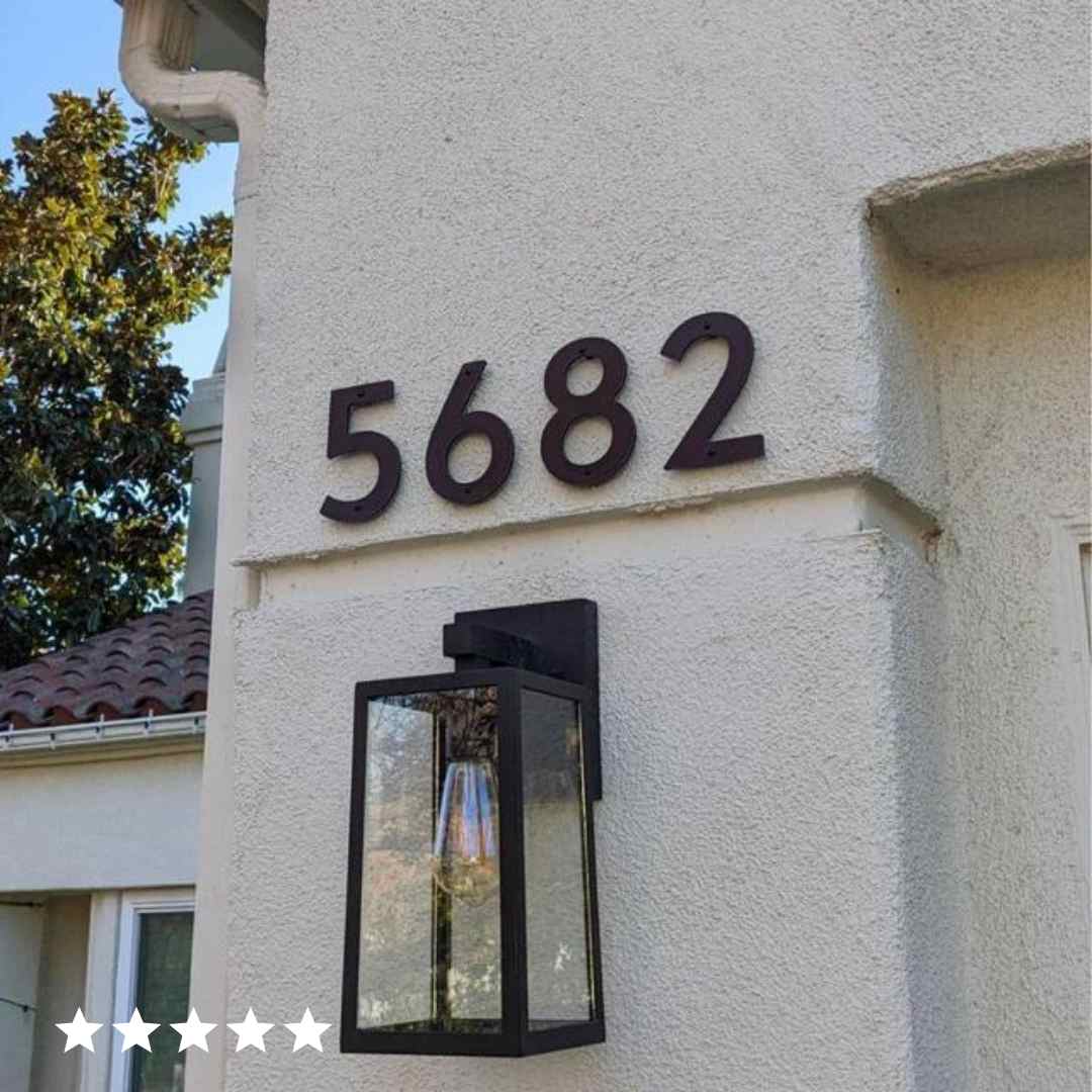 5 inch Classic Modern black house number on stucco