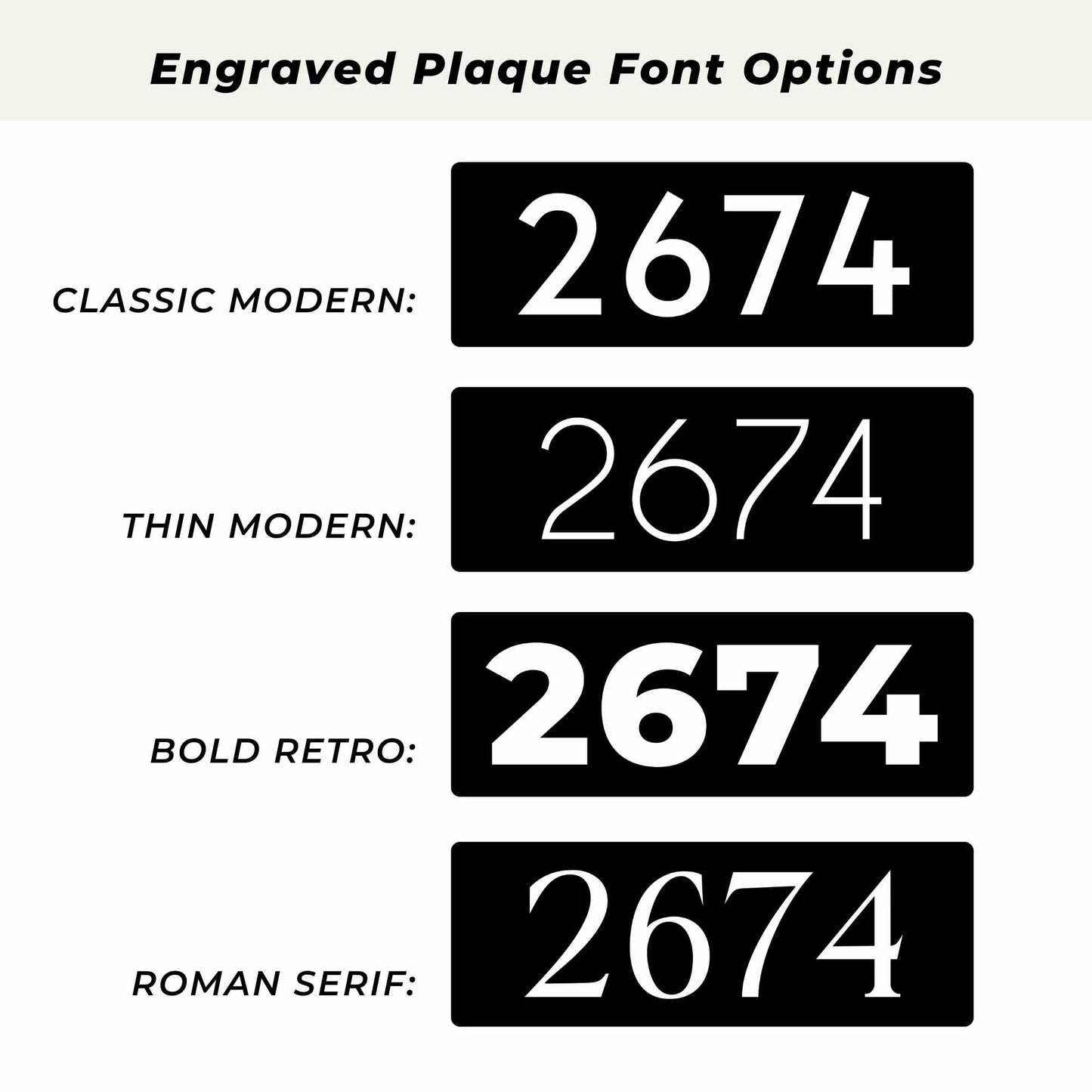Comparison of engraved plaque font styles with the number '2674' on a beige background.