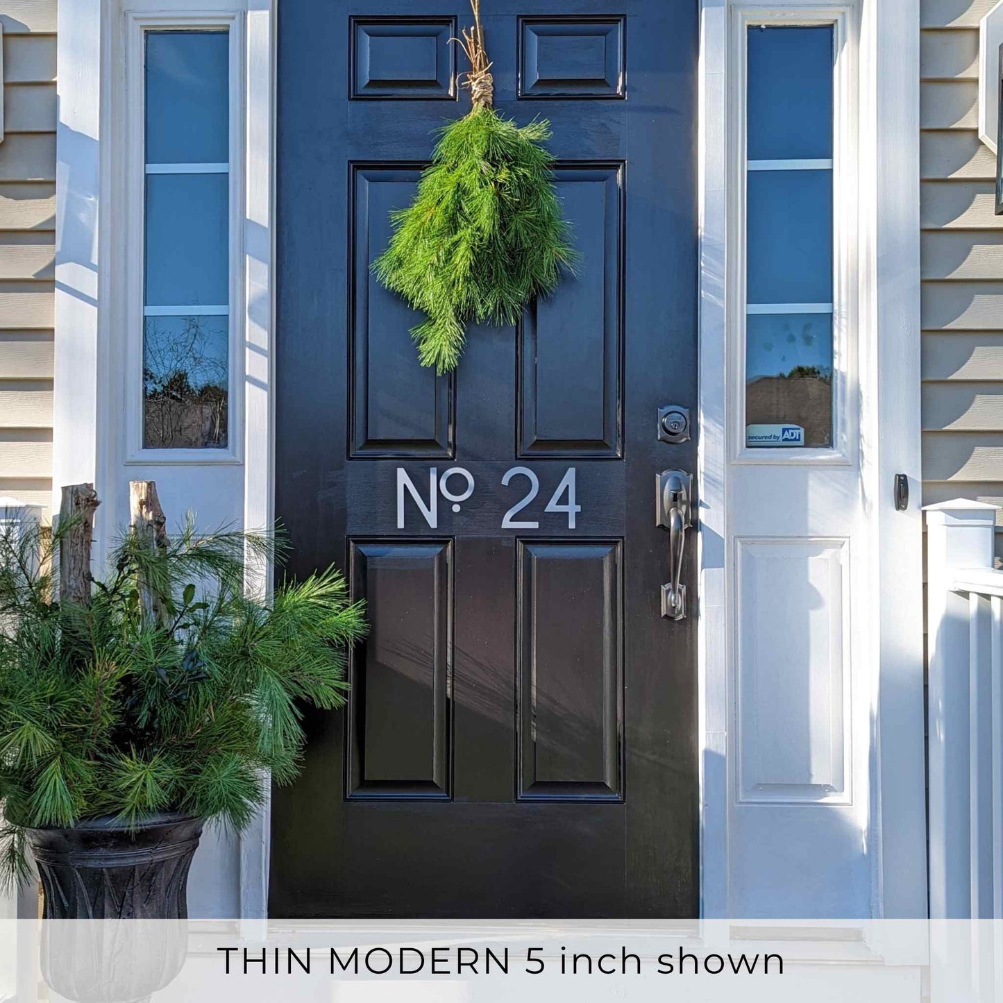 THIN MODERN white house numbers and letters on a black door