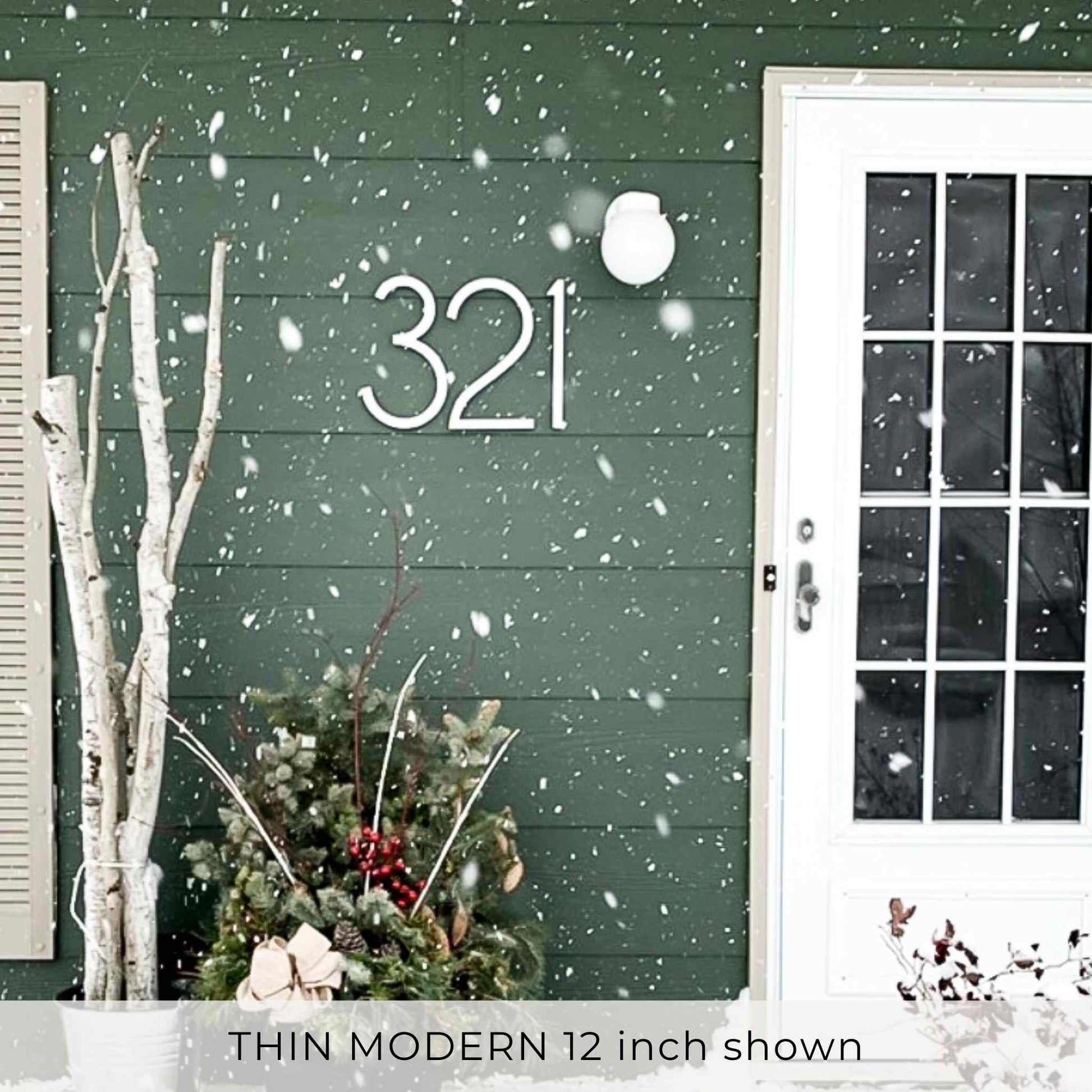 THIN MODERN white house numbers and letters on dark siding