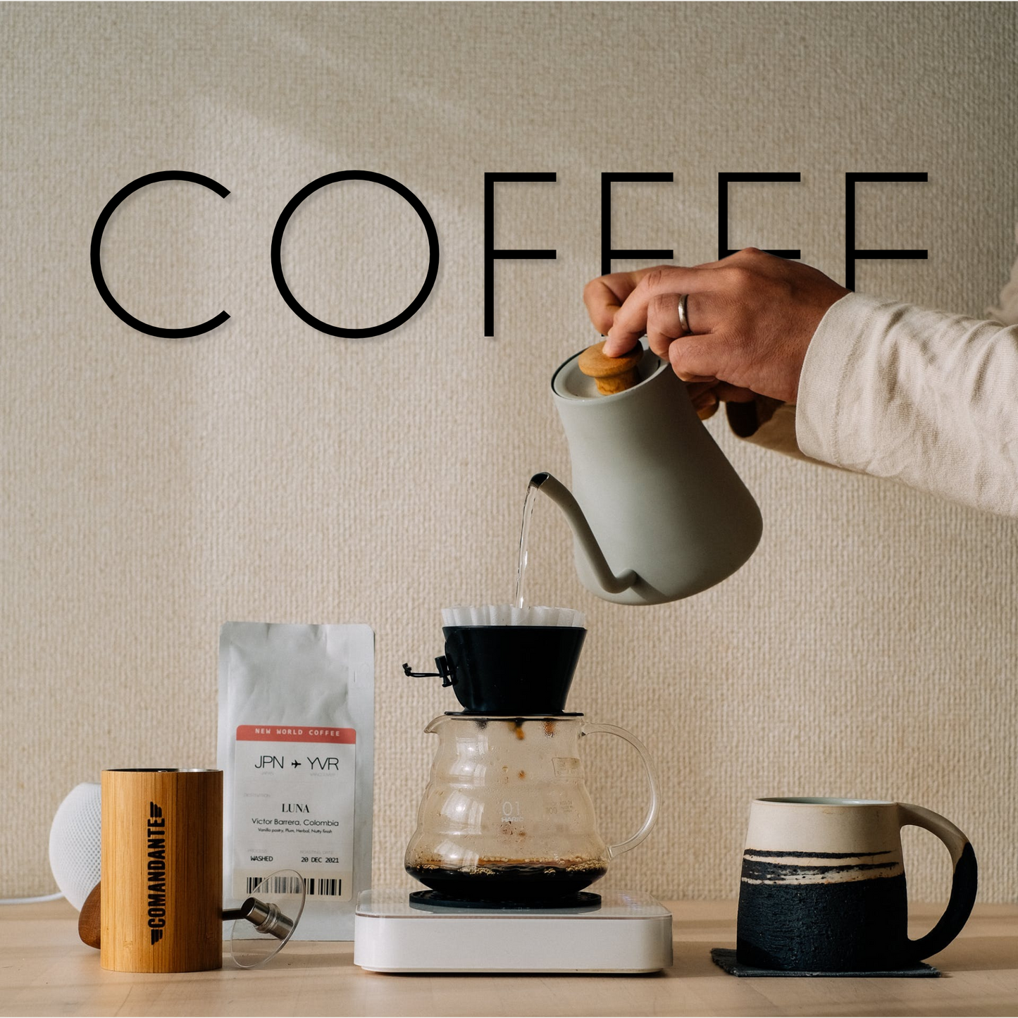 Mockup of how THIN MODERN capital letters spelling COFFEE would look 