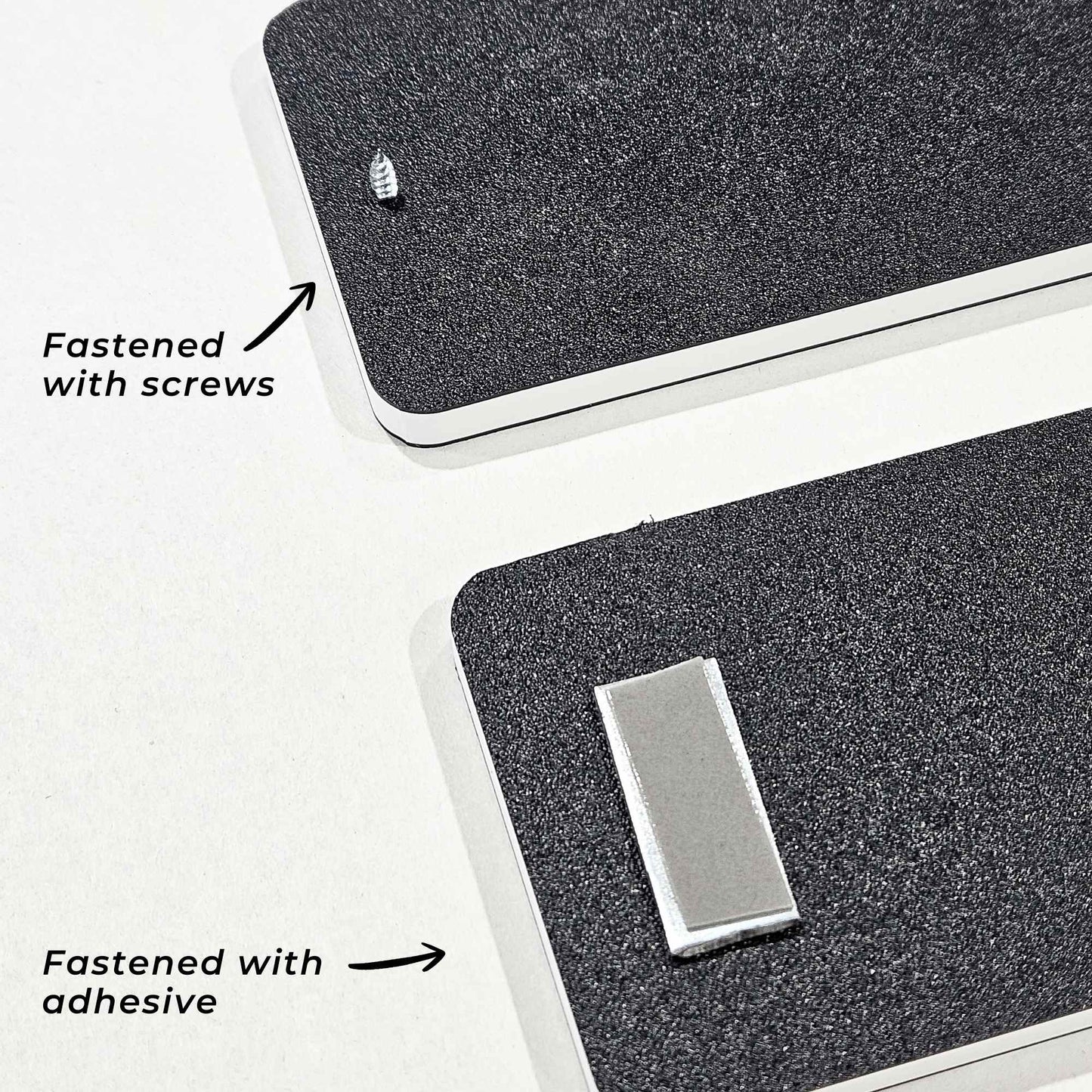 back side of rectangle sign plaques showing the difference of fastening methods