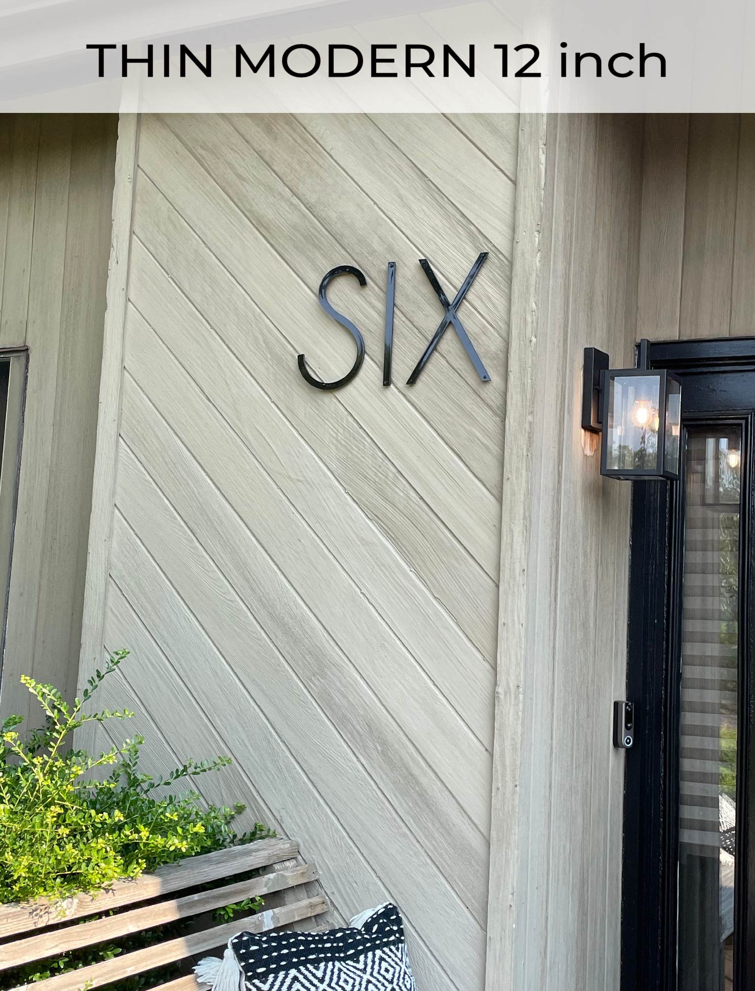 THIN MODERN house numbers and letters spelling SIX