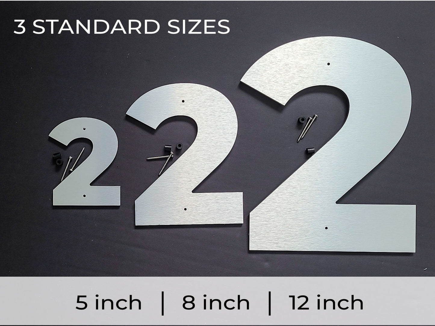 Brushed Silver BOLD RETRO numbers shown in three sizes