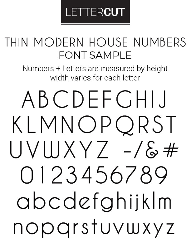 THIN MODERN house numbers and letters font style and details 