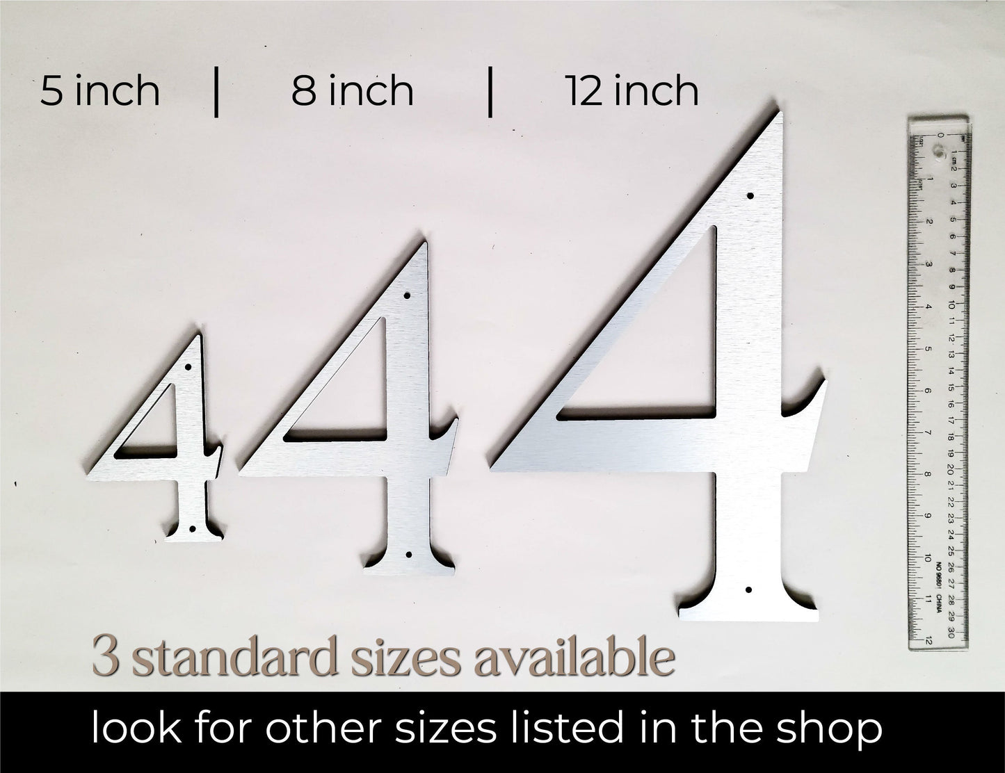 brushed silver ROMAN SERIF house numbers in 3 sizes